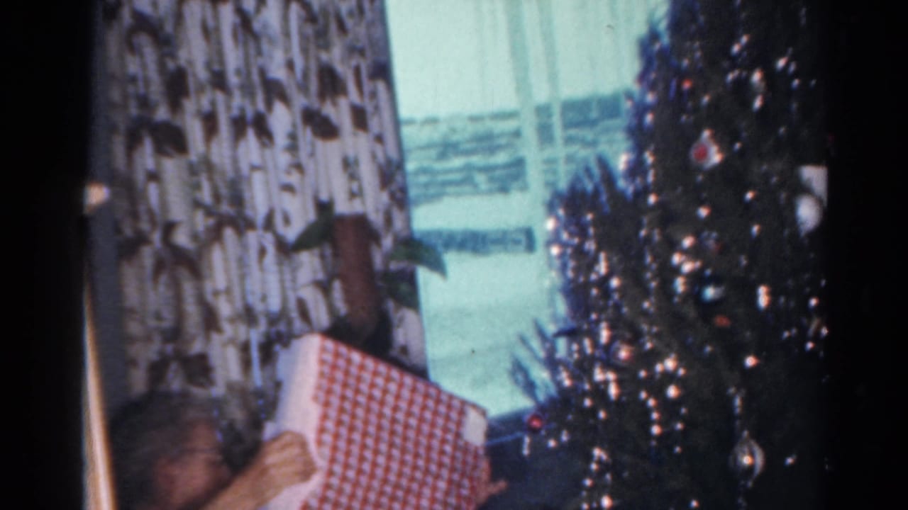 The wrapped gift is raised near a decorated Christmas tree and curtained window.
