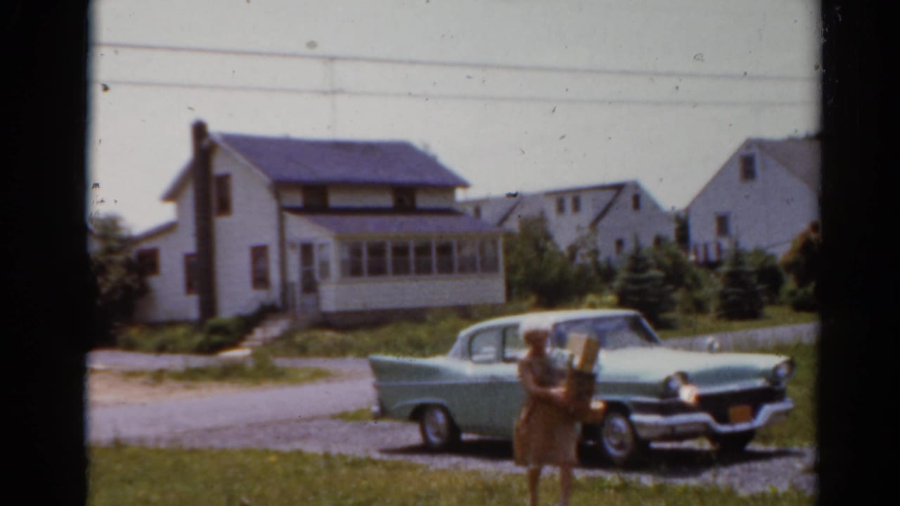 Woman carrying groceries in a yard near a pale green sedan and white suburban houses.