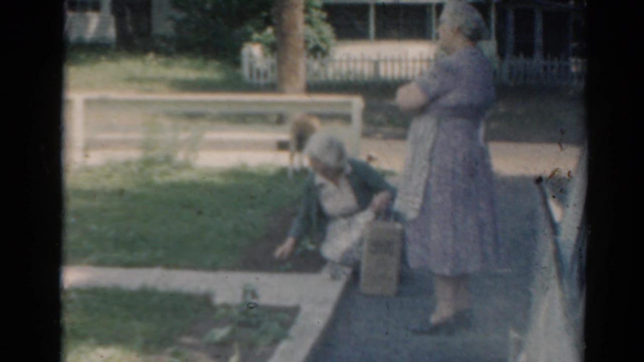 A kneeling woman works near plants while another woman stands beside a driveway and car.