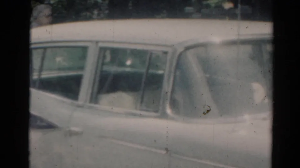 Soft 8mm frame of a white station wagon's side and rear windows in a suburban Elkhart yard setting.