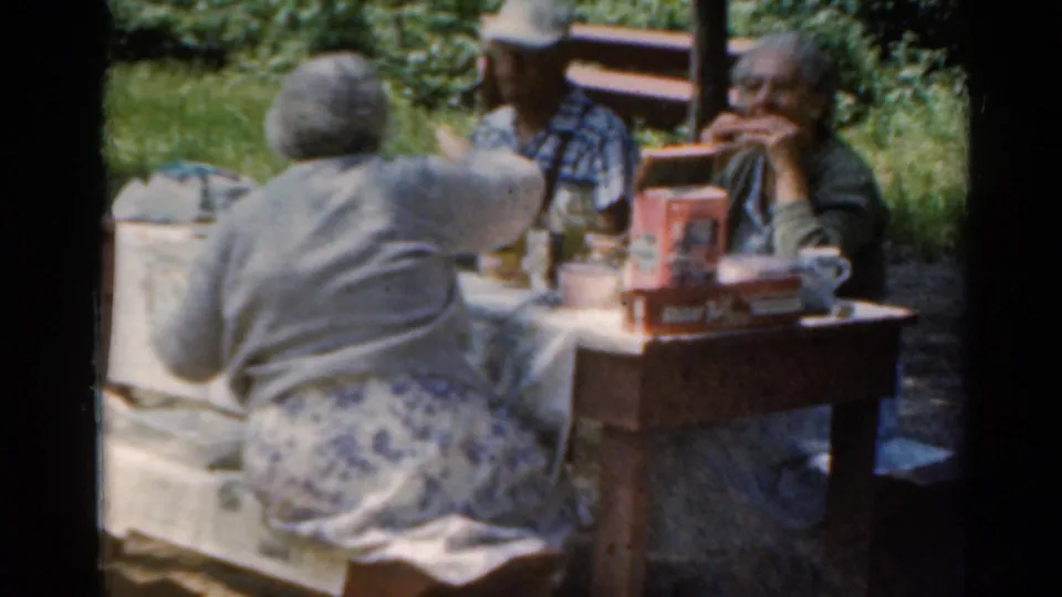 Three adults at a picnic table in 1964 Elkhart, Illinois, appear to eat and converse in a park setting.