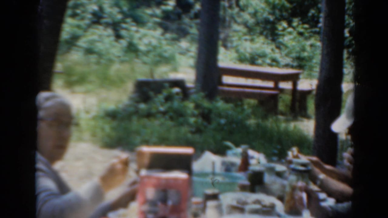 The camera looks across a picnic table in a wooded park, with a seated person, food items, bottles, and benches visible in the 1964 clip.