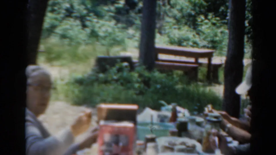 The camera looks across a picnic table in a wooded park, with a seated person, food items, bottles, and benches visible in the 1964 clip.