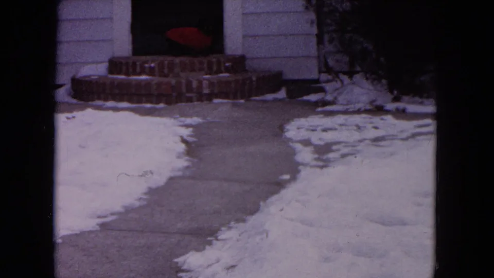 The snowy sidewalk and brick entry remain in view, with the red-sweatered dog partly visible near the doorway.