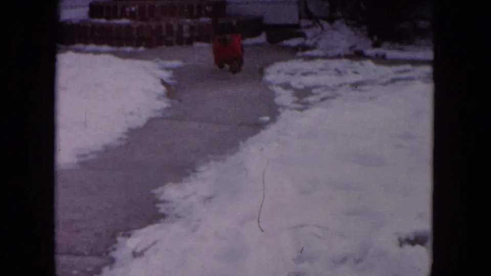 The red-sweatered black dog runs along a concrete sidewalk bordered by winter snow in Evanston home-movie footage.