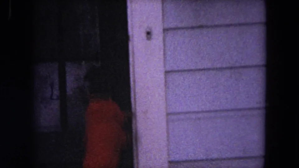 The sweatered dog appears near the doorframe of a white-sided Evanston house, partially obscured in low light.