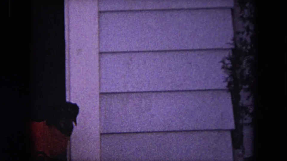 The orange-sweatered dog remains near the dark front doorway of the Evanston house, seen in grainy 8mm low-light footage.