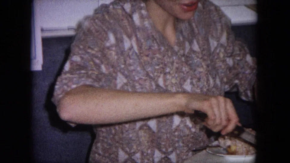 A young woman in a patterned 1960s shirt leans over a plate, cutting meat in a home kitchen in Evanston, Illinois.