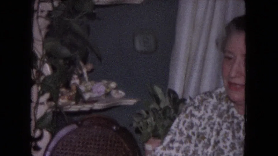 1964 Evanston interior frame with a seated woman partly visible beside a woven chair, plants, curtains, and household decor.