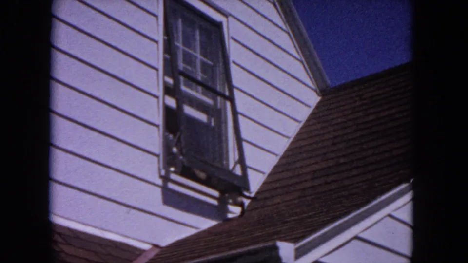 The cat pauses near the roof edge beneath an open window in the Evanston residential exterior scene.