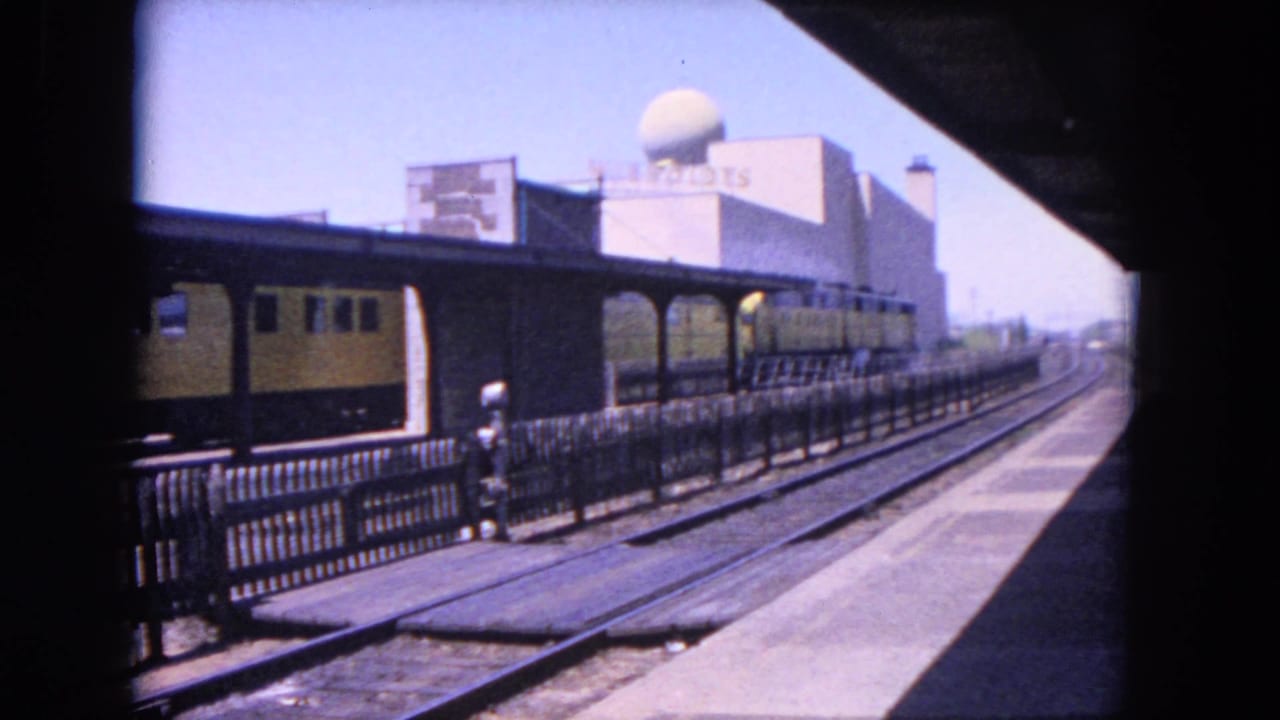Yellow-and-black train beside a station platform with tracks, railing, and a domed building beyond.