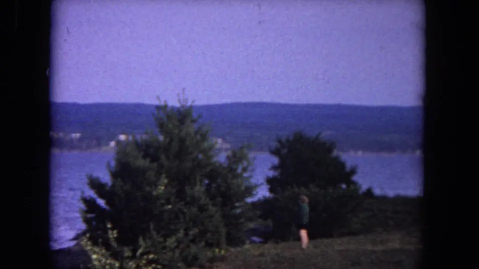 1964 Evanston, Illinois lakeside frame with foreground trees, a person on the grass, open water, and a distant low shoreline under a bright sky.