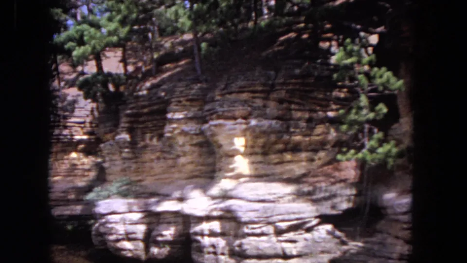 1964 8mm view of a sunlit layered bluff and trees along a river near Evanston, Illinois, from a moving boat.