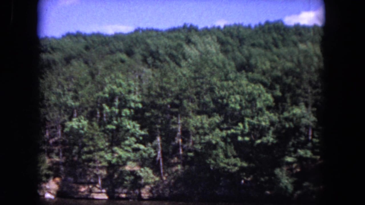 Tree-covered hillside beneath blue sky, framed by dark 8mm film borders.