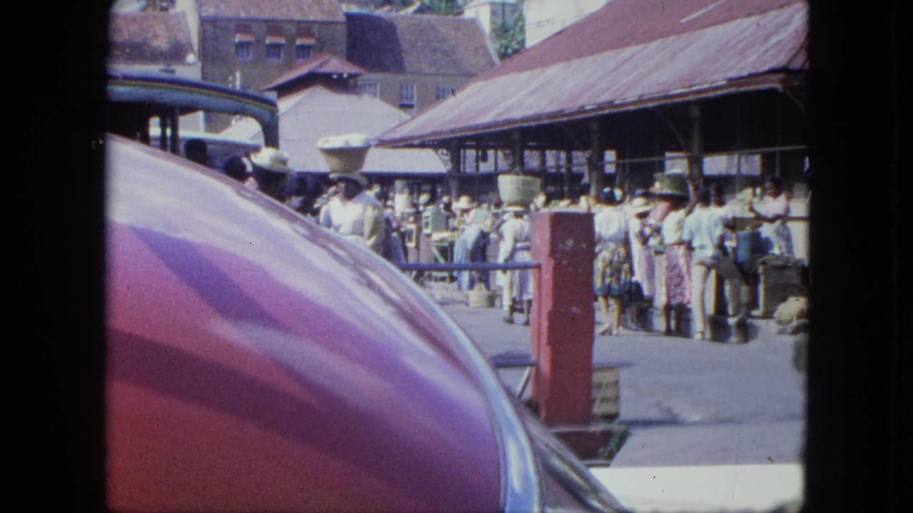 Market crowd and covered building viewed beside a purple-red car hood.