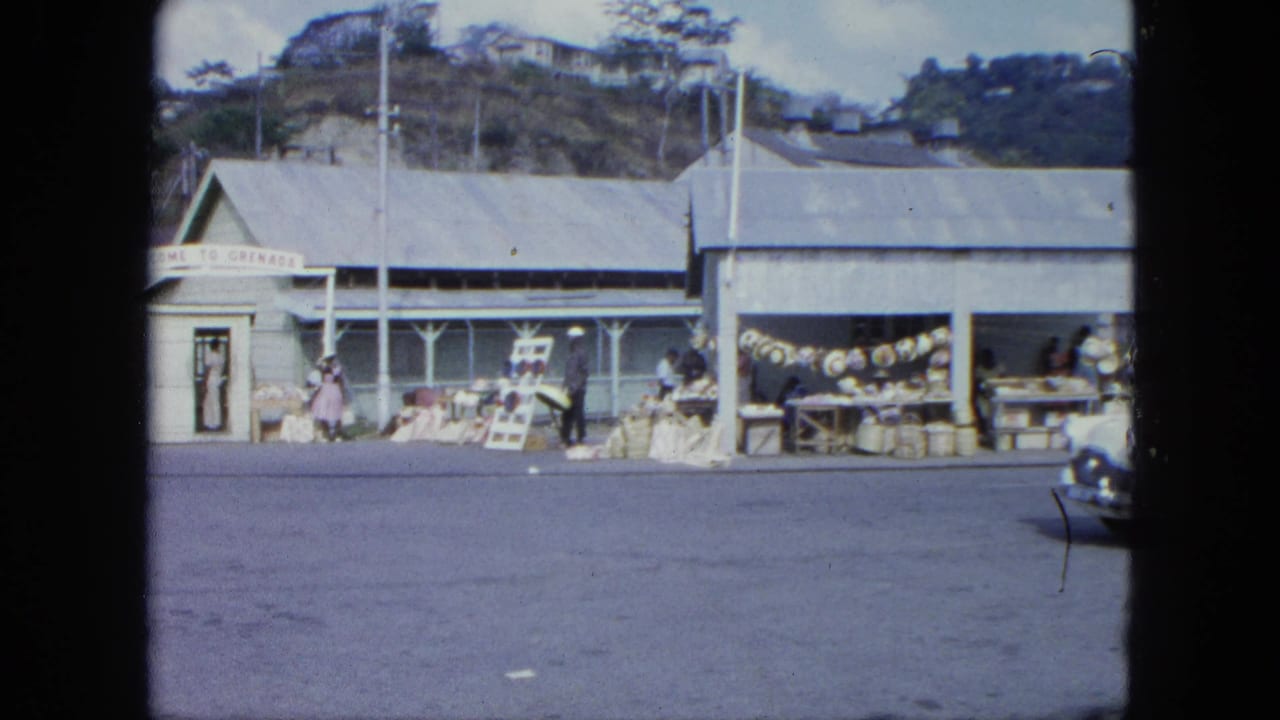 Market frontage with people near stalls, a sign, hanging goods, sacks, and hills in the background.