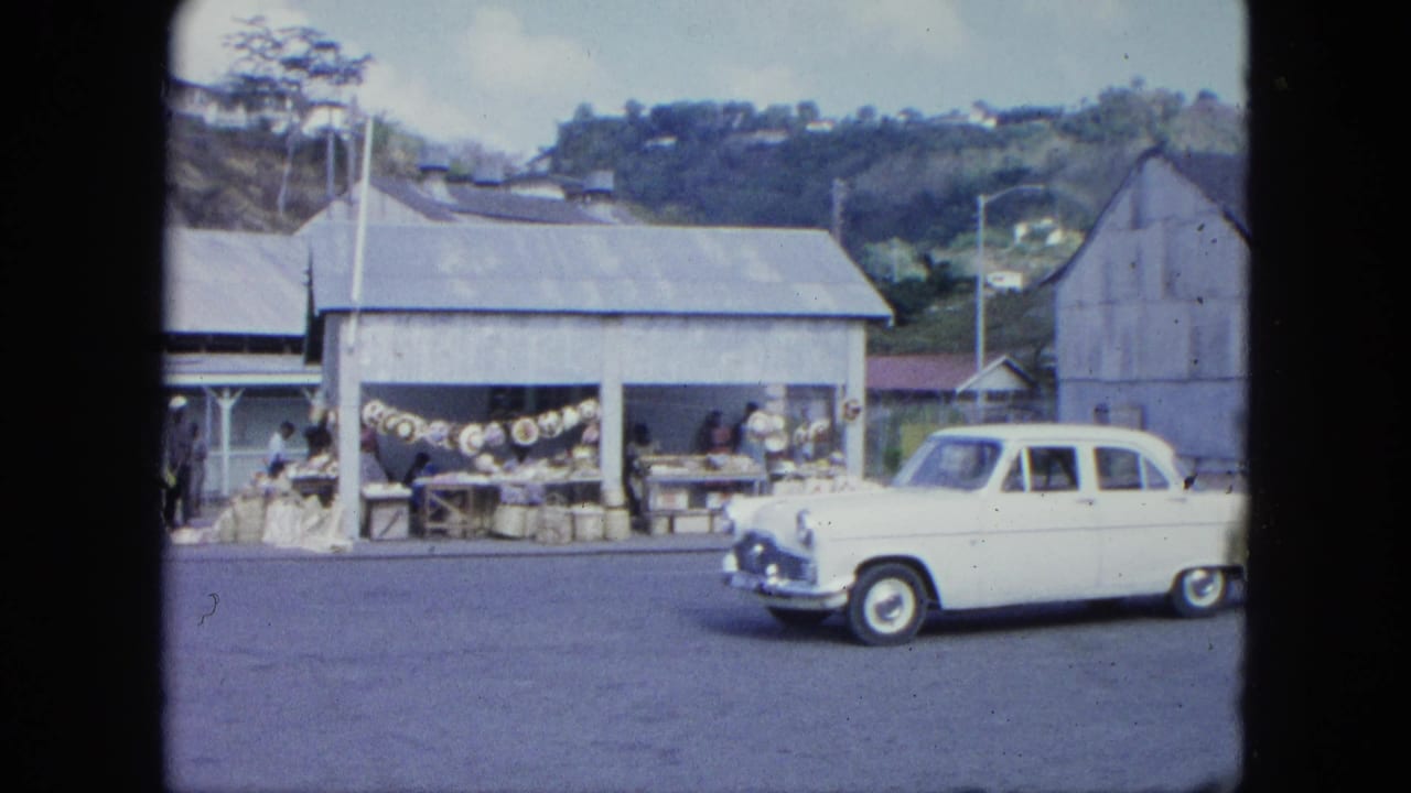 1964 8mm view of a white vintage car driving past a small roadside market with people and goods under a metal roof.