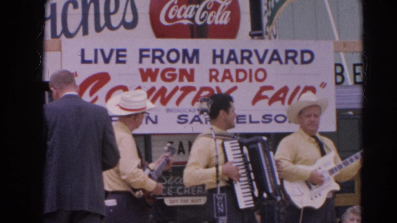 At the 1964 Harvard, Illinois Country Fair, musicians in cowboy hats play guitar and accordion before a crowd under WGN Radio signage.