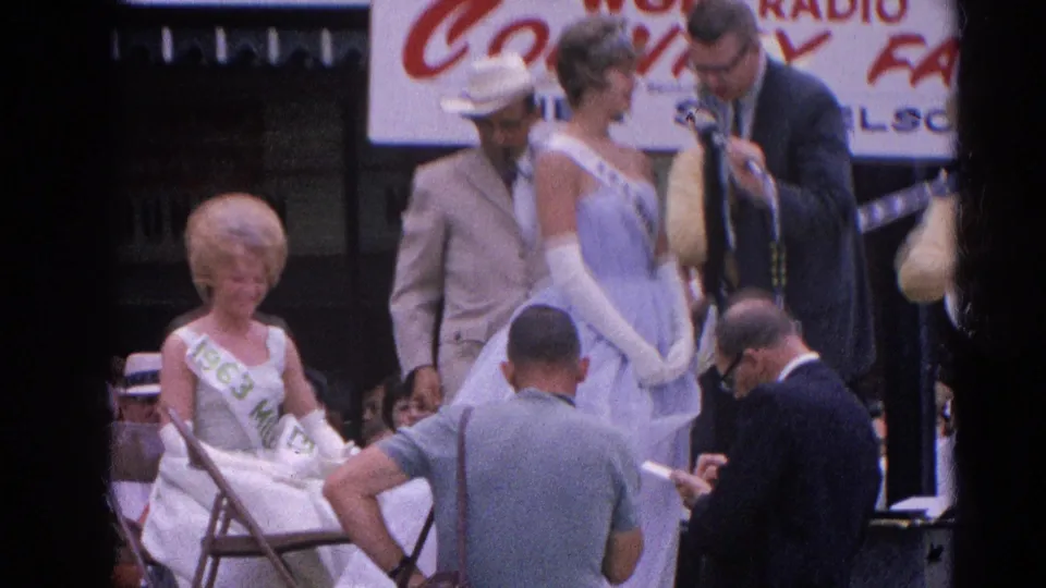 A 1964 Harvard, Illinois fair pageant moment shows one contestant seated, another standing, with announcers and WGN Radio signage visible.