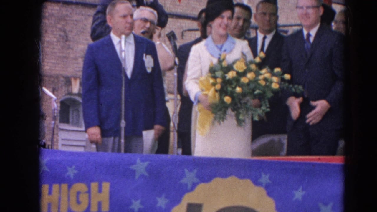 In the 1964 Harvard, Illinois ceremony, the woman smiles with a yellow bouquet while men in suits gather behind the blue banner.