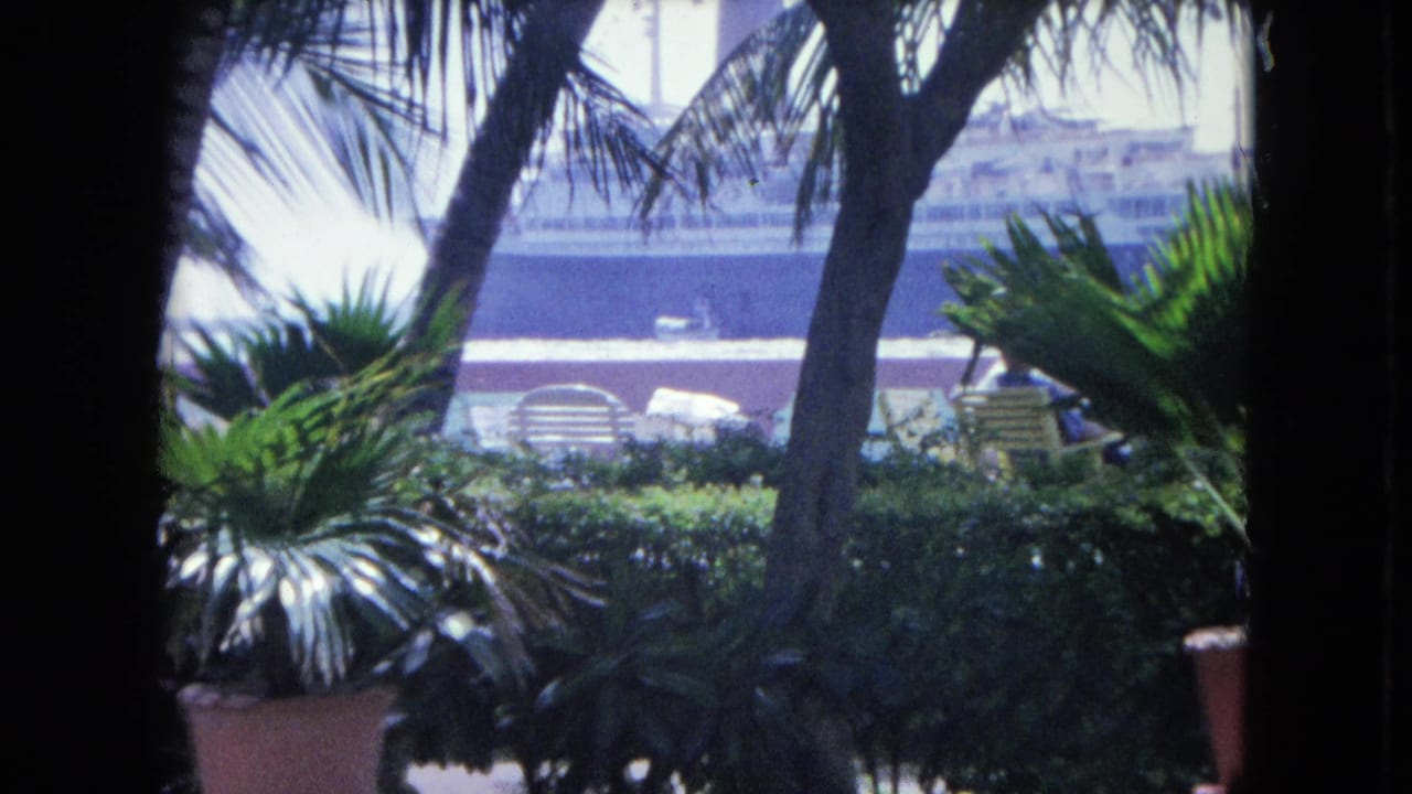 1964 Kingston, Jamaica harbor view through a window, with palms, potted plants, patio chairs, and a large ship in the background.