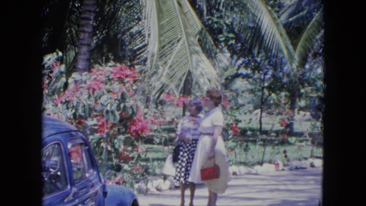 In a Kingston garden setting, two women stand near pink flowers and a blue car, one holding a light handbag and the other a red handbag.