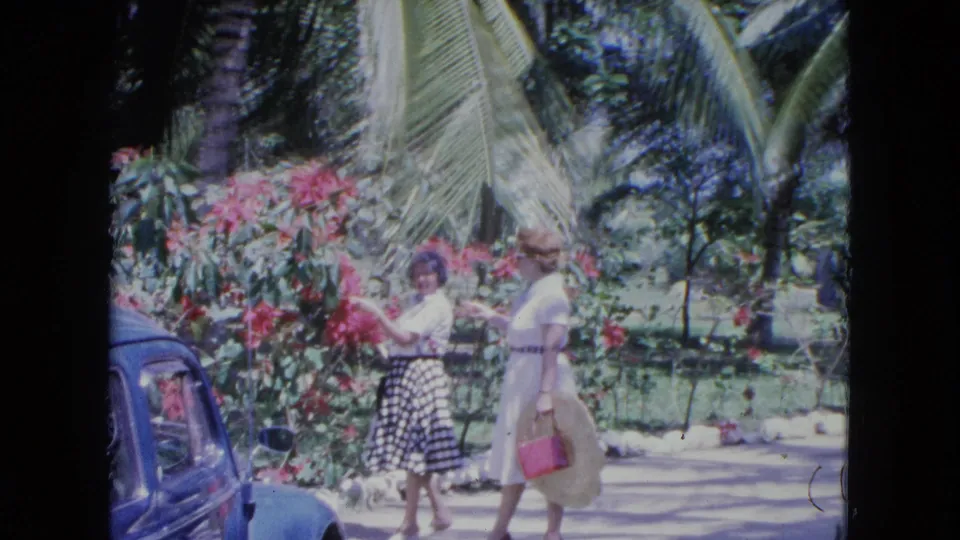 A woman in a polka-dot skirt reaches toward flowering shrubs as her companion in a white dress walks beside her in 1964 Kingston.