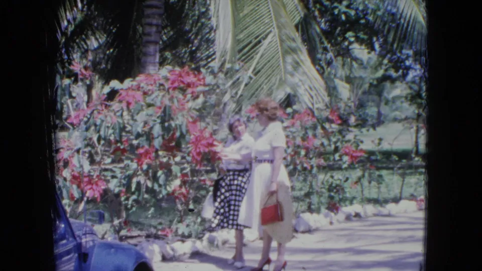 At the end of the 1964 Kingston clip, two women stand near tropical flowers, a palm-lined path, and a partially seen blue car.