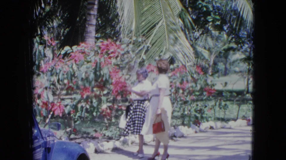 Two women in 1964 Kingston, Jamaica stand in a tropical garden, with one holding a red handbag and wide hat.