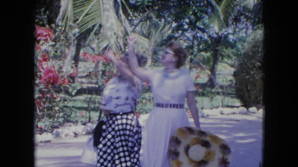 The 1964 Kingston home-movie frame shows two adult women looking and gesturing upward on a sunlit path lined with palms and red flowers.
