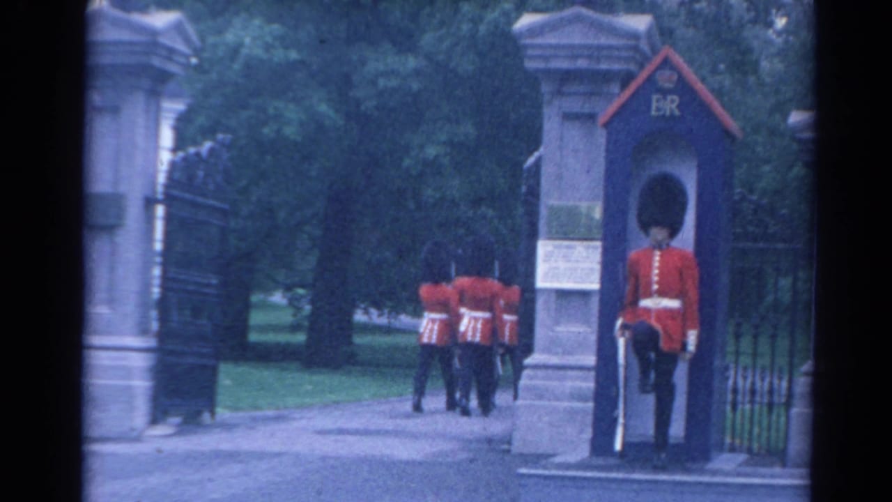 Several guards continue marching away as a sentry stands at attention by the gate.