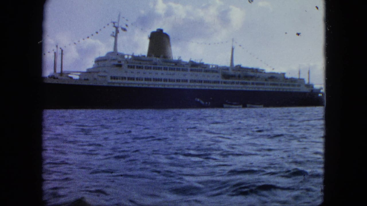 Wide 8mm view of a large ocean liner on the water, with decks, funnels, string lights, and cloudy sky visible.