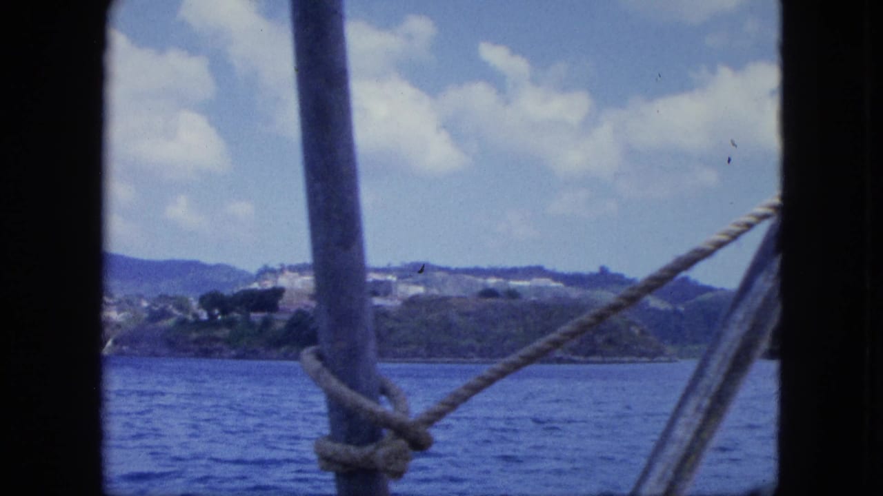 Blue sea and distant green coastline seen through dark boat framing with rope and a vertical pole.