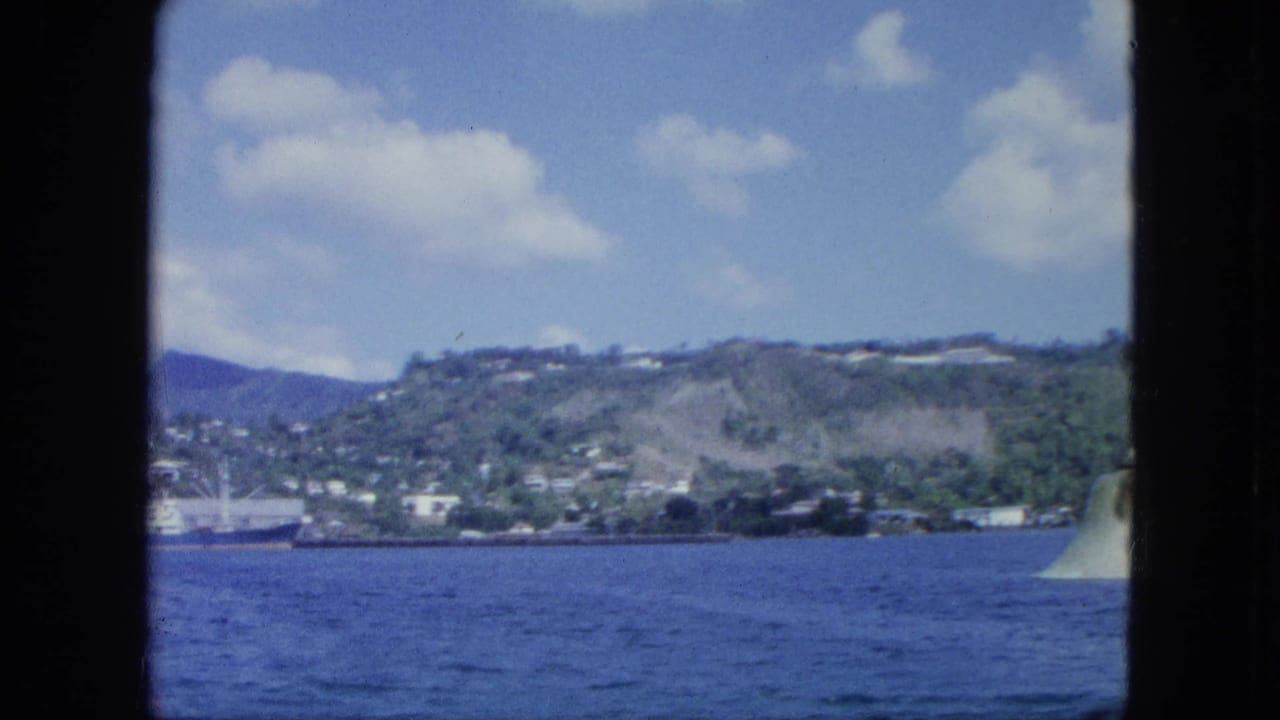 Harbor water with a hillside town, docked ship, and cloudy sky seen through dark frame edges.
