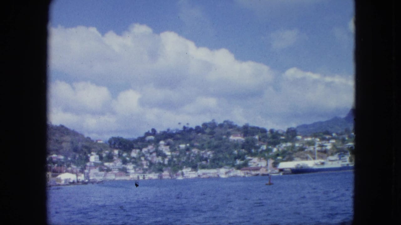 Hillside shoreline town, cargo ship, and harbor marker across blue water.