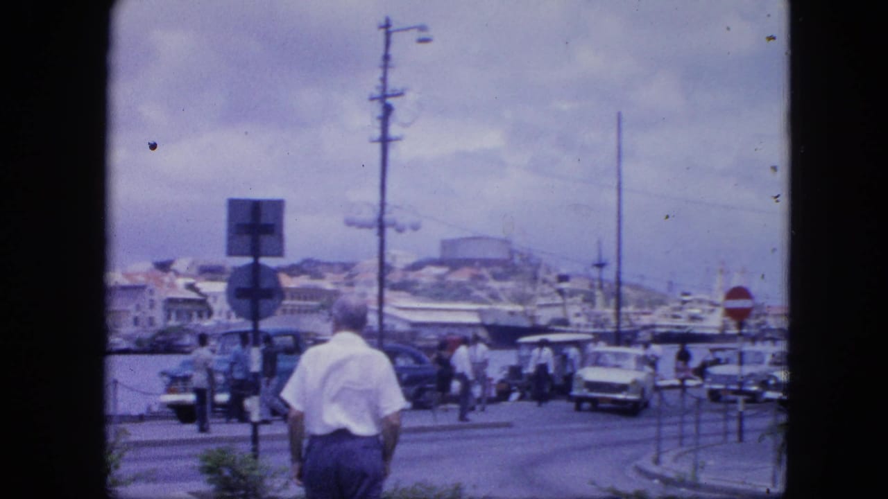 Man in white shirt walks toward a Nassau waterfront street with cars, pedestrians, signs, and harbor buildings.
