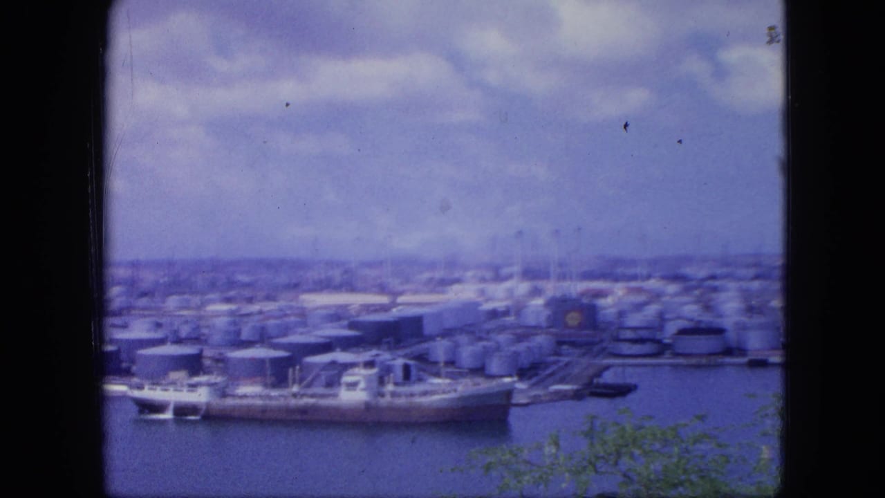 Industrial harbor with tankers, round tanks, piers, water, and distant buildings.