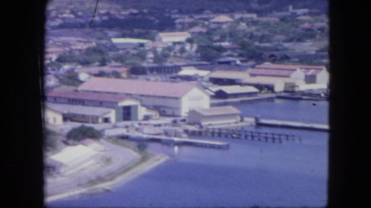 Waterfront buildings and piers along calm harbor water, seen from above.