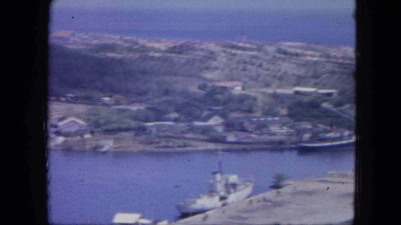 Harbor shoreline with buildings, water, and a small vessel near the foreground.