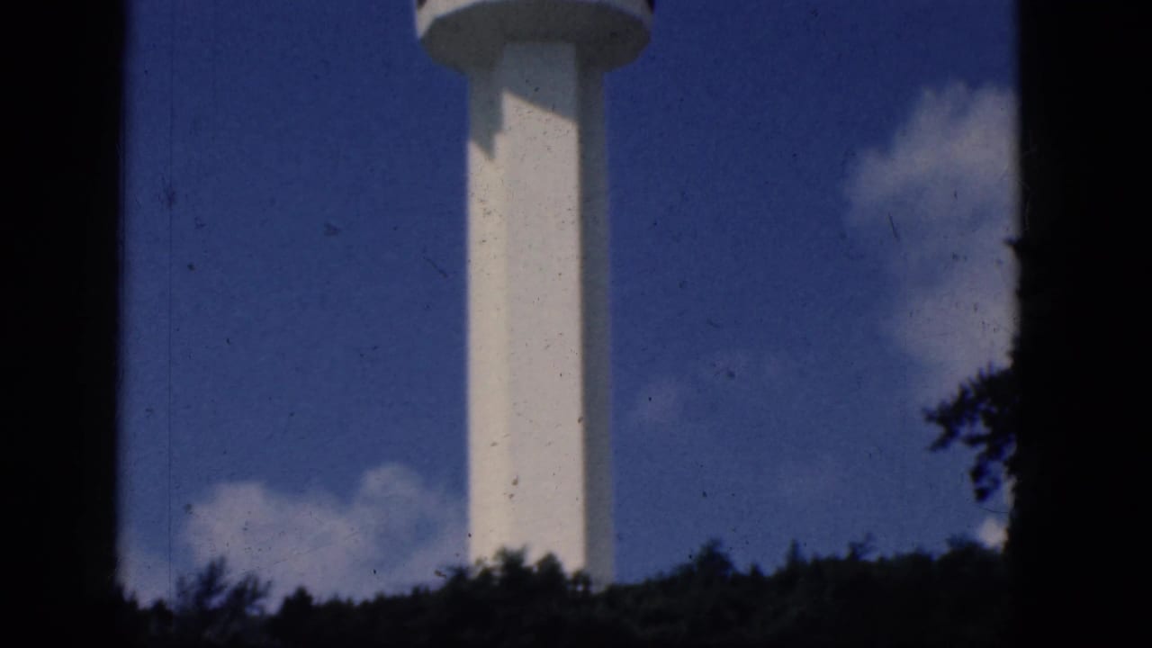White observation tower rising above dark trees under blue sky and clouds.