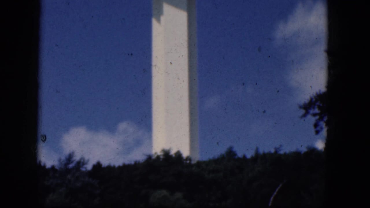 A white observation tower appears behind a dark treeline, with deep foreground edges suggesting a shaded or windowed viewpoint.
