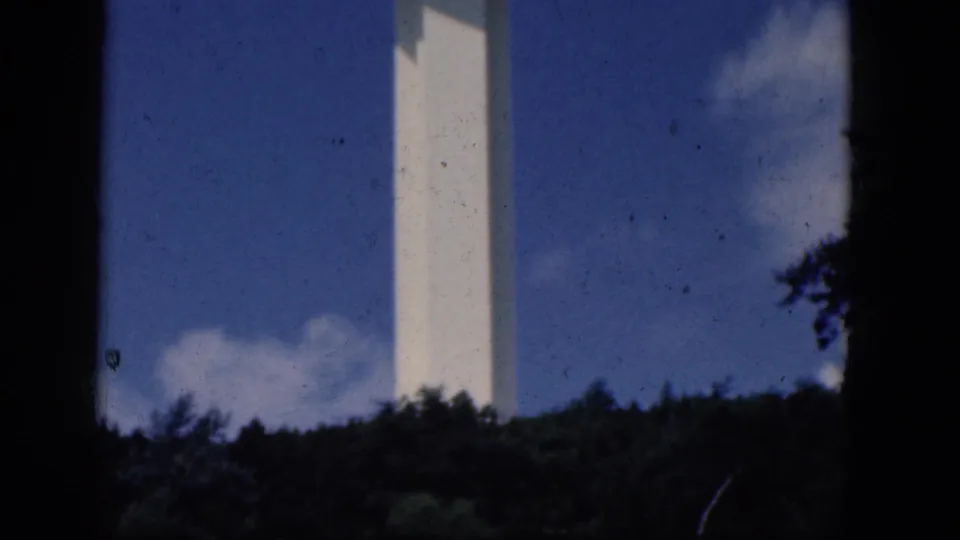 A white observation tower appears behind a dark treeline, with deep foreground edges suggesting a shaded or windowed viewpoint.