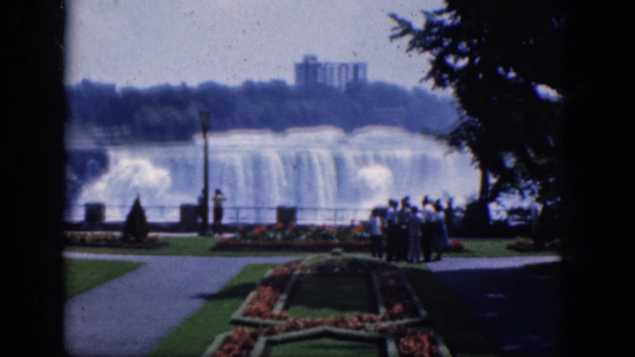 Visitors stand near a railing with Niagara Falls beyond the landscaped grounds.
