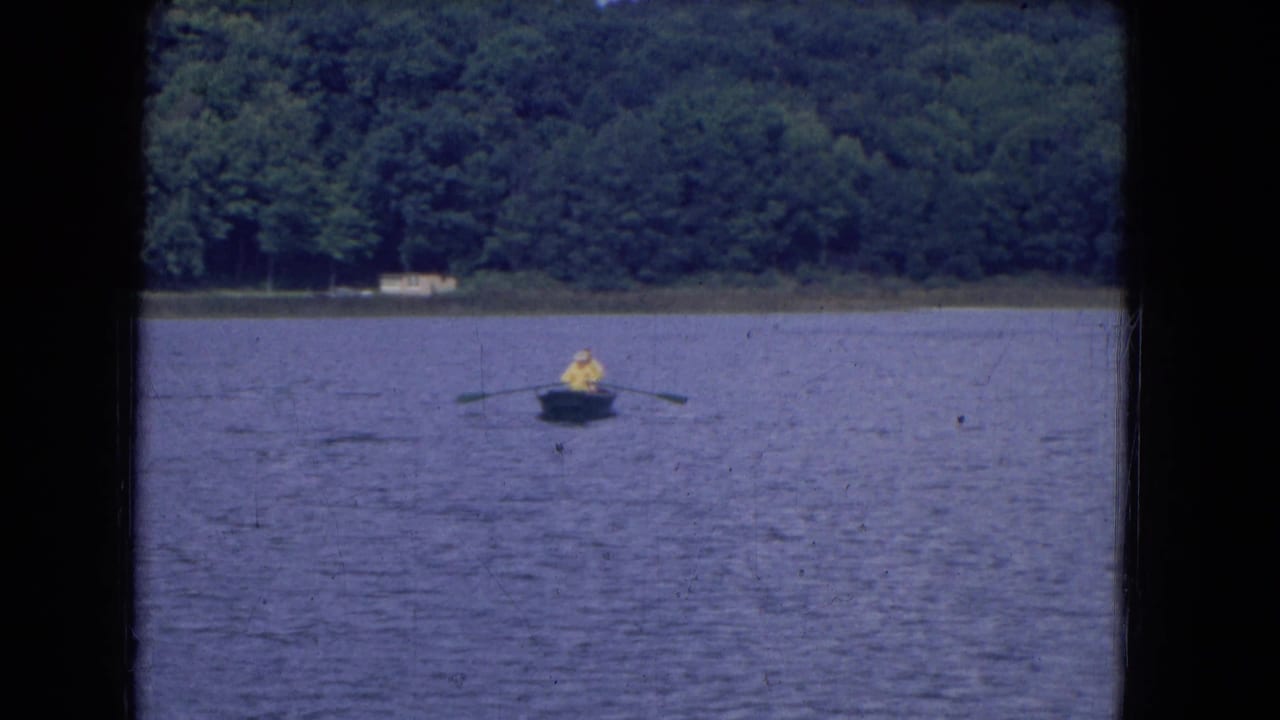 Distant rowboat on a lake near Niagara Falls, New York, with one visible person and dense green trees beyond the water.