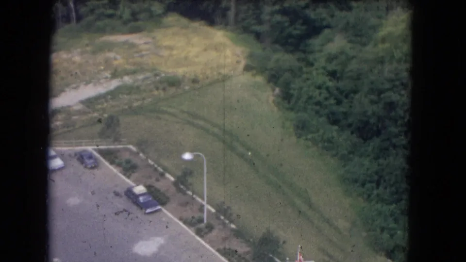 1964 8mm travel frame showing an elevated roadside or parking-area view beside grass and trees near the lakeside setting.