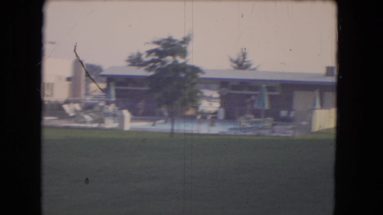 Swimming pool area with a low building, lounge chairs, umbrellas, lawn, and a tree beyond the water.