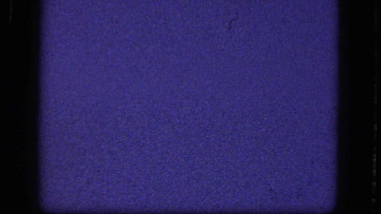 Blue 8mm film field with dark vertical borders, grain, dust, and scratches.