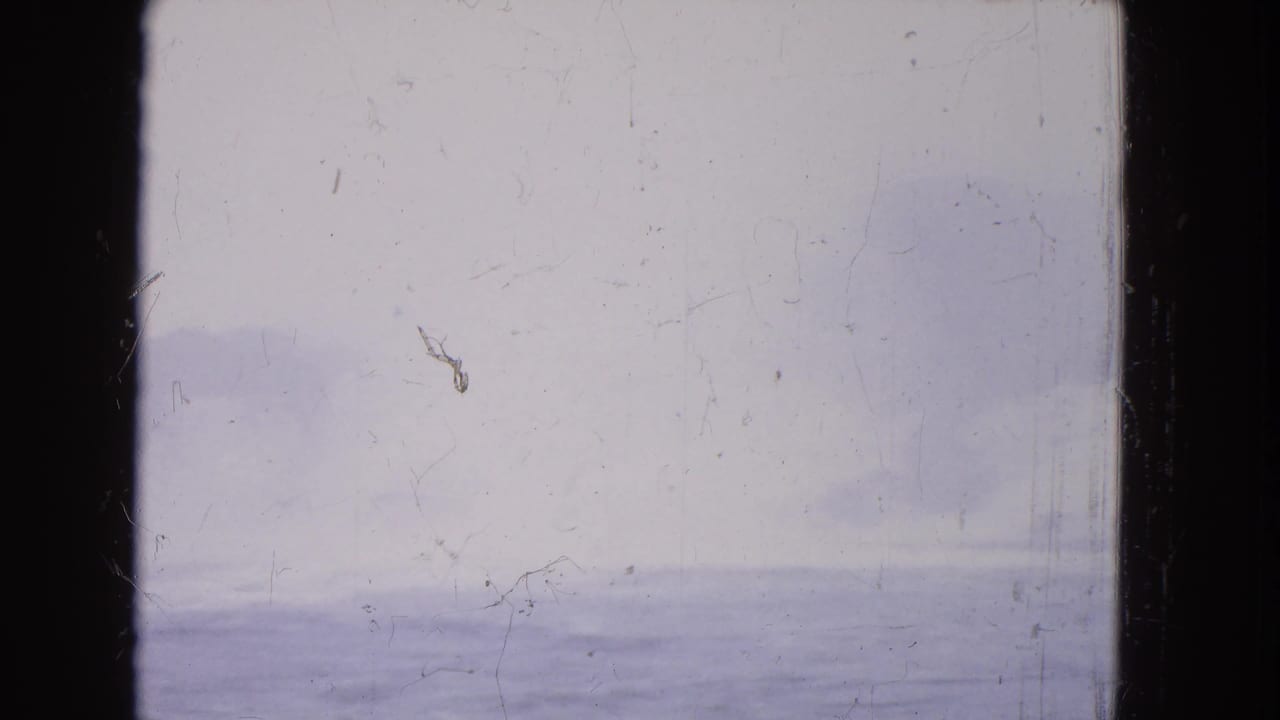1964 8mm frame near Niagara Falls showing a fog-softened winter view through a boat window after the person has moved out of frame.