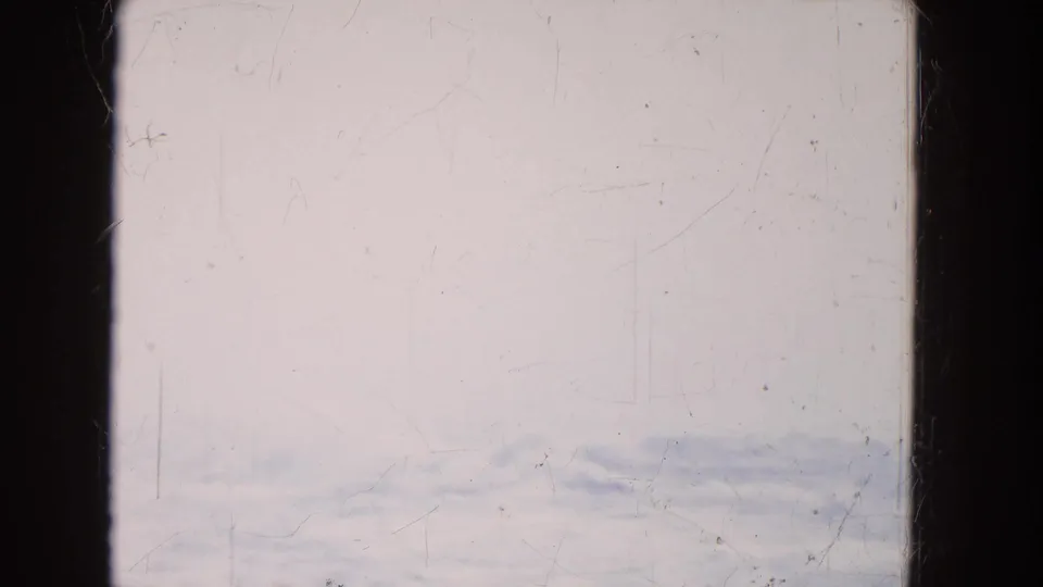 1964 8mm Niagara Falls footage begins with a washed-out misty view, faint water movement, scratches, and heavy frame borders.
