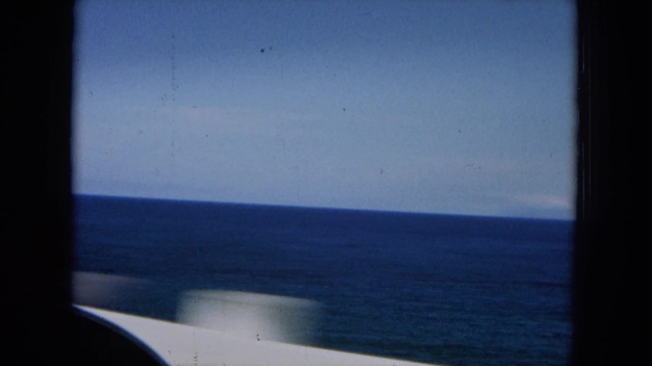 Ocean and sky viewed past a pale car body from a moving vehicle.